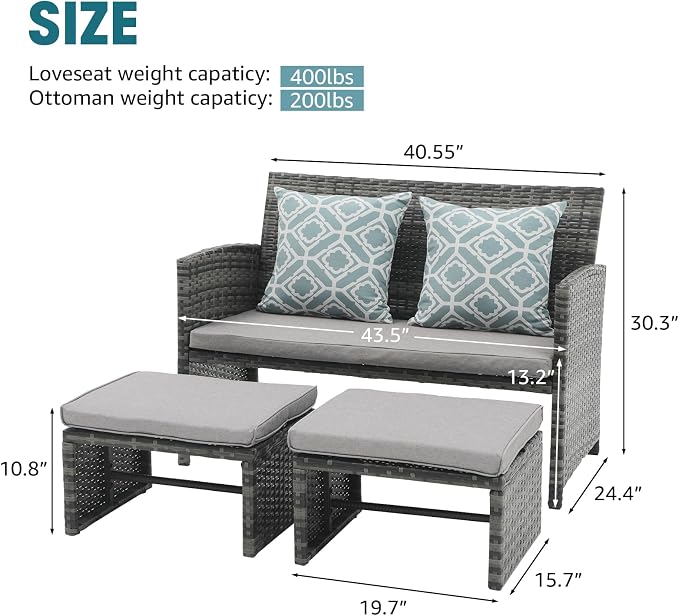 OC Orange-Casual Patio Furniture Set,3 Pieces Outdoor Wicker Conversation Loveseat with Ottomans for Porch, Gray Rattan Light Gray Cushions