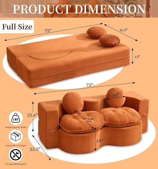 75” Full Size Convertible Sleeper Sofa Bed, Boneless Folding Futon Loveseat Sofa with 2 Pillows, High Density Foam Compressed Foldable Guest Couch for Living Room Apartment (Orange Corduroy)
