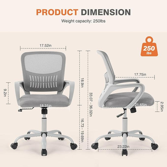 Sweetcrispy Home Office Managerial Executive Chair, Ergonomic Mesh Adjustable Swivel Mid-Back Computer Desk Chair with Comfortable Lumbar Support, Comfy Arms for Bedroom,Study
