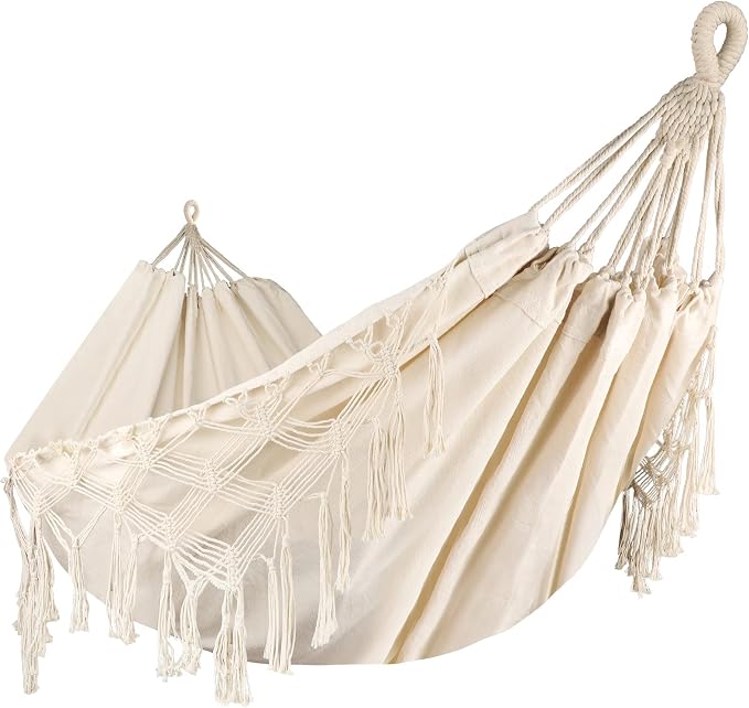 Bellzacasa Double Hammock, Heavy Duty 500 lb Load Capacity Tassels and Fishtail Knitting Portable Camping Hammocks with Mounting Straps for Outdoor Camping Patio Balcony Beige
