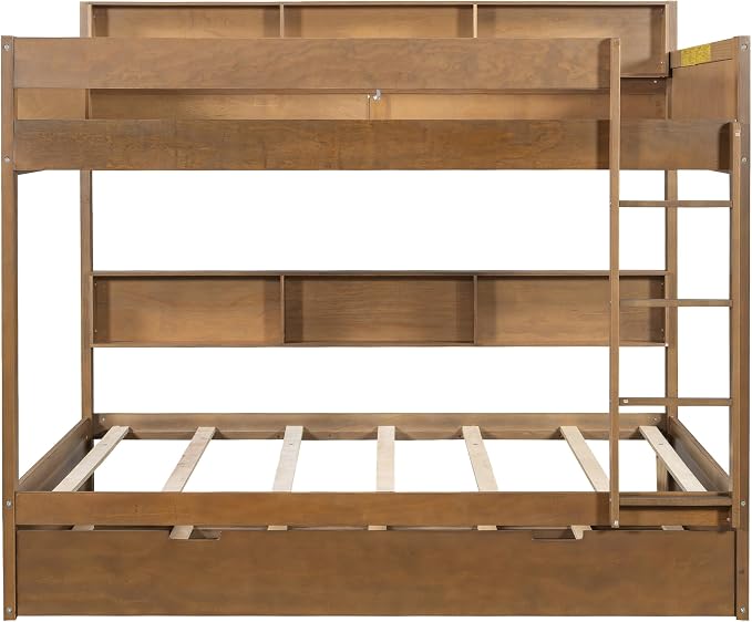 Harper & Bright Designs Rustic Wood Bunk Bed with Pull-Out Trundle, Twin Over Twin Wooden Bunk Bed with Large Cabinet Beside Upper and Down Bed, Wood