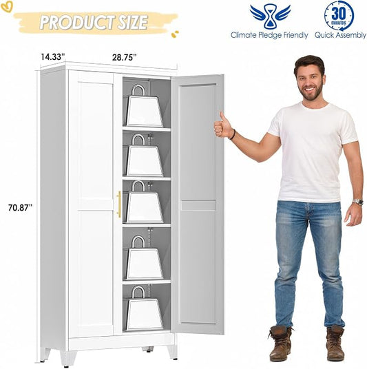 GAIOUS 71" Tall Metal Storage Cabinet with 2 Doors and 4 Adjustable Shelves, Kitchen Pantry Cabinet White Freestanding Cupboard, 5 Tier Multifunctional Steel Storage for Office, Kitchen, Dining Room