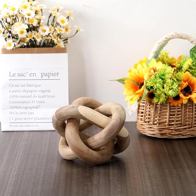 Yalikop 3 Link Wood Knot Decor Rustic Home Décor Accents Hand Carved Coffee Table Decoration, Boho Chain Link Decoration, Modern Shelf, Rustic Objects for Home Living Room Bedroom(Acacia Wood)