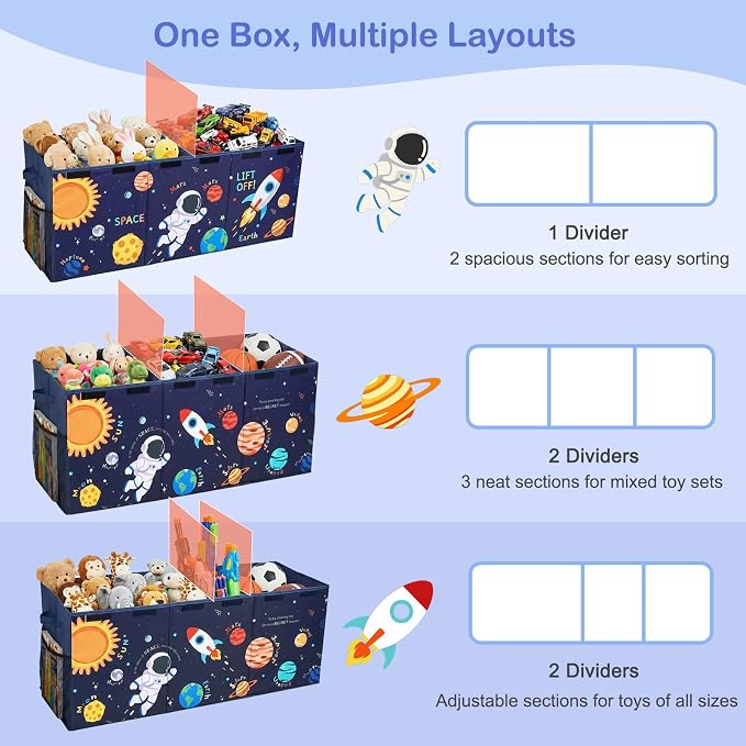 Unicorn Castle Toy Box with Adjustable Divider Toy Chest Storage Large Toy Storage Organizer Bin Collapsible with Lid Pockets for Nursery Playroom,Blue Astronaut