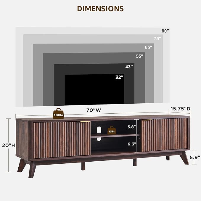 OKD 70" Mid Century Modern Fluted TV Stand, Entertainment Center, Sideboard, Media Console for Living Room with 2 Soft Close Door/Adjustable Shelves (Dark Walnut)
