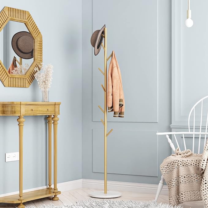 DOORXIFO Gold Coat Racks, Metal Coat Rack Freestanding with Hooks, Entryway Coat Rack Stand, Coat Racks with Marble Base, Coat Tree for Hanging Clothes, Hats, Bags