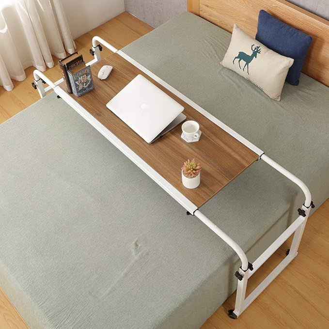 TigerDad Adjustable Overbed Table with Wheels, Mobile Laptop Desk on Wheels for King Queen Bed, Height Adjustable Rolling Computer Cart with Stand, Ancient Oak