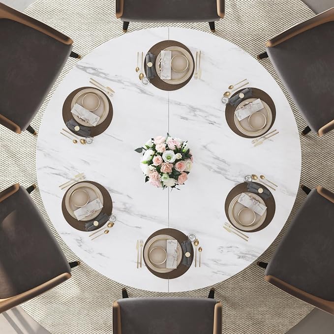 IBF 47" Round Dining Table with Storage, White Faux Marble Kitchen Tables for 4-6 People, Modern Dining Room Table with Fridge Space, Wood Circle Dinner Tables for Home, White Marble, Only Table