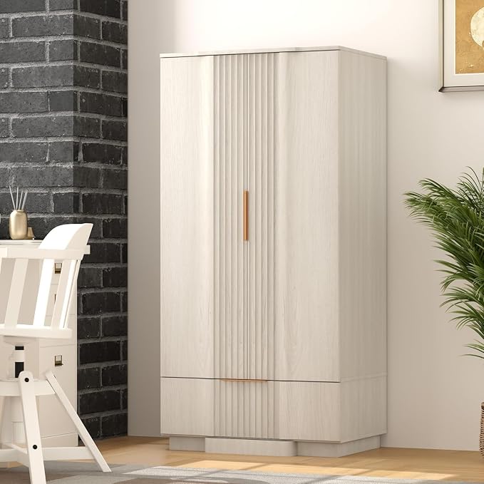 Brafab 67" Fluted Armoire Wardrobe Closet with Drawers and Doors, Wooden Wardrobe Cabinet with Adjustable Shelves, Modern Storage for Clothes, Coats for Bedroom,White Oak (1 pcs)