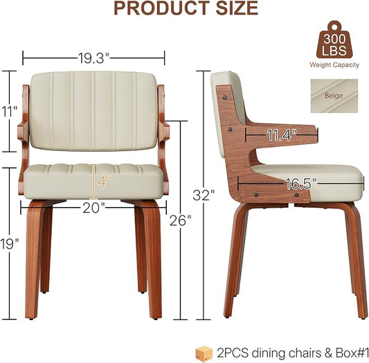 Dining Chairs Set of 2 with Hanging Armrest Beige | Set of 2 with hanging armrests for table-edge storage. Walnut frame and warm beige faux leather seating