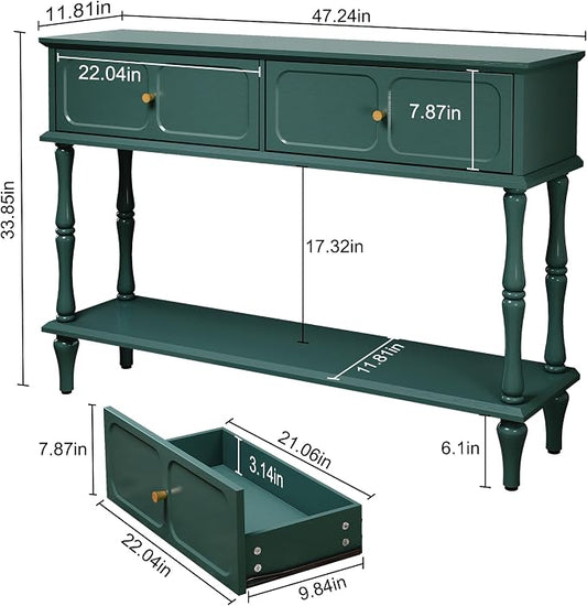 ARTPOWER Mid-Century Console Table for Entryway with 2 Drawers, Green Entryway Table with Storage Cabinets and Open Shelf, Narrow Long Couch Table Behind Sofa for Living Room, Foyer, Hallway