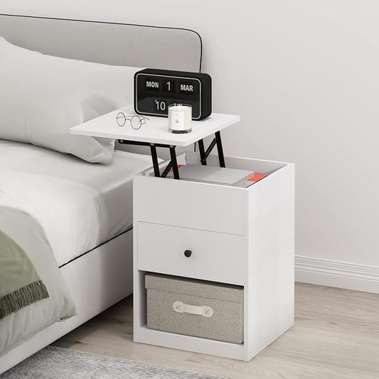 Furinno Jensen Lift Top Nightstand, Solid White