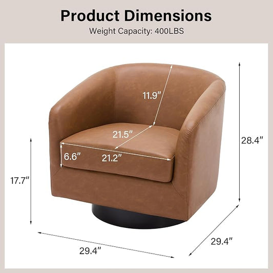 Swivel Barrel Accent Chair, Modern Round Faux Leather Arm Chair for Living Room, Bedroom, Comfy Club Reading Chairs for Adults(Faux Leather, Brown, Set of 1)