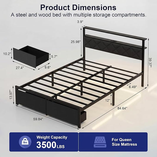 Queen Bed Frame with LED Lights, Charging Station & 2 Storage Drawers, Metal Platform with Upholstered Headboard, No Box Spring Needed, Easy Assembly