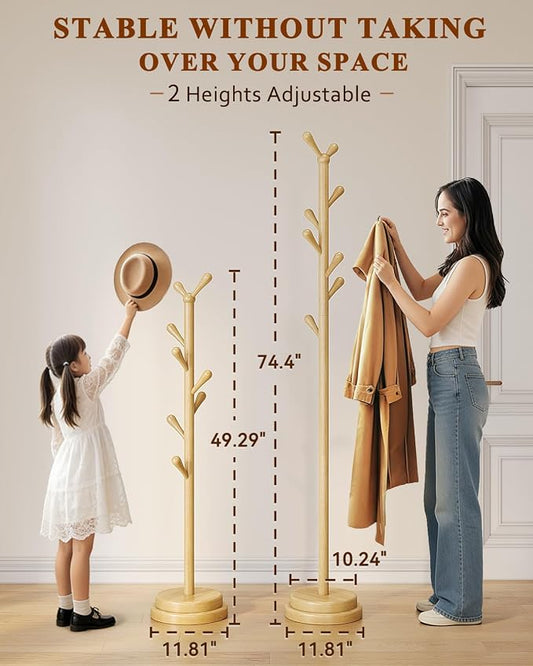 Freestanding Coat Rack, Solid Wood Coat Tree with 8 Smooth Rounded Hooks, Adjustable Height Heavy Duty Coat Rack with Dual-Layer Base, Holds Coats Hats Bags for Entryway, Bedroom, Living Room