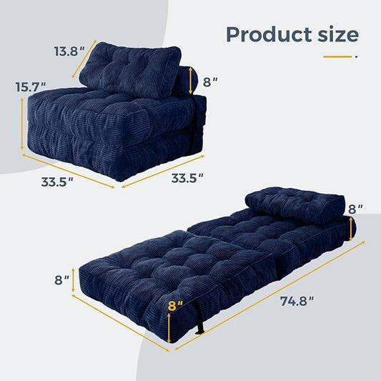 MAXYOYO Folding Sofa Bed, Convertible Chair with Pillow Foldable with Back Support, Portable Fold Out Chair Bed Comfy Floor Sofa Lounge for Living Room Bedroom, Navy, Single