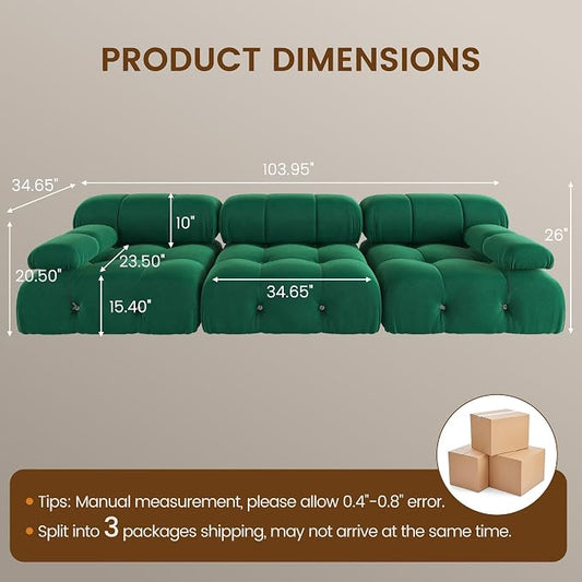 Convertible Modular Sectional Sofa, Modern Velvet Sofa 3-Seater Couch for Living Room, Apartment (104 in/Green)
