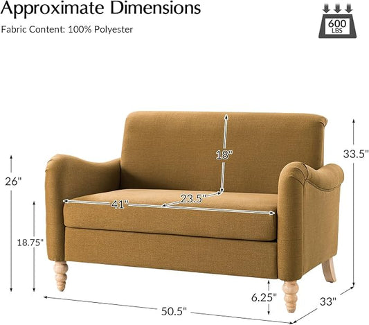 EcoHarbor Living 50.5" Mid-Century Modern Couch, Upholstered Sofa with Armrests, Stripe Mini Couches for Small Spaces, Living Room, Bedroom, Office, Apartment, Golden