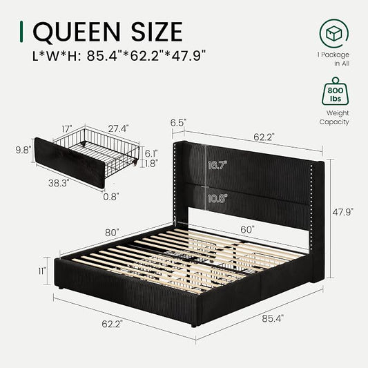 LARMACE Queen Size Bed Frame with 4 Storage Drawers Corduroy Bed Upholstered Platform Bed Frame with 48" Tall Headboard, Solid Wood Leg/No Box Spring Needed/Noise Free, Black
