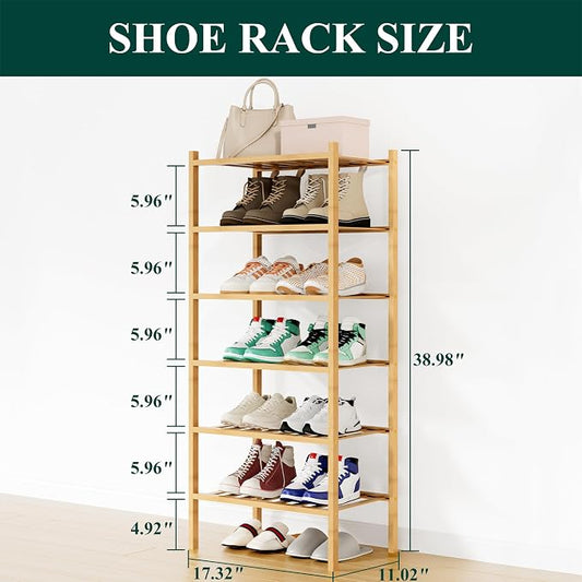 Smiry Small Bamboo Shoe Rack, 6 Tier Free Standing Wooden Shoe Organizer, Stackable Wood Shoe Storage Shelf for Closet, Entryway, 12 Vertical Slats, 2+2+2 Stack Standard Legs, 17.3"x11"x39", Natural