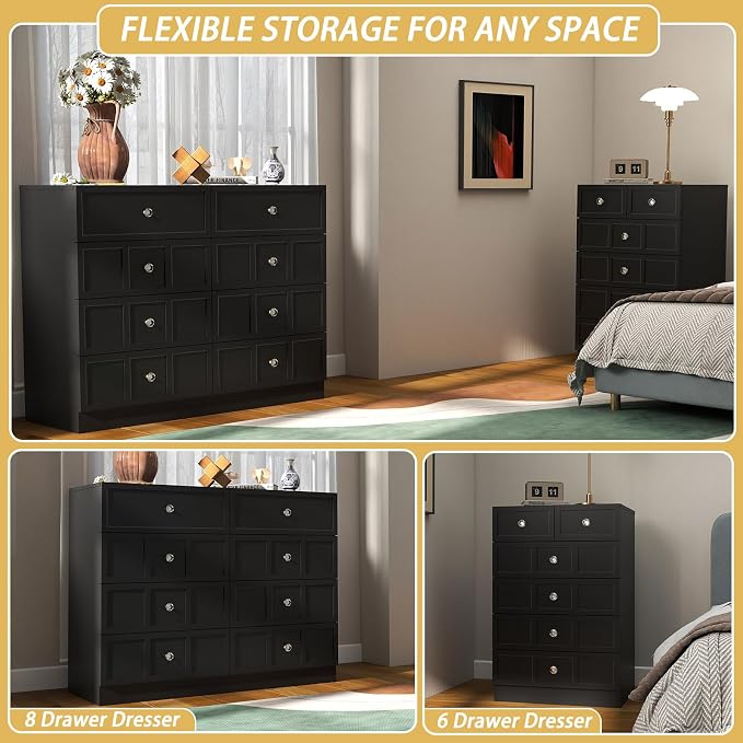 6 Drawer Dresser for Bedroom: 24" Black Chest of Drawers with Deep Drawers, Tall Fluted Dresser with Storage, Modern Wood Dressers for Bedroom, Living Room