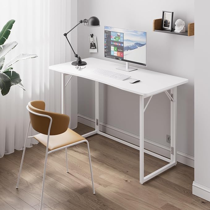 JOYMOOP White Folding Desk - 47.2", No Assembly Large Size Foldable Desk for Home, Office, Wooden Top Folding Computer Desk for Working, Writing, Studying
