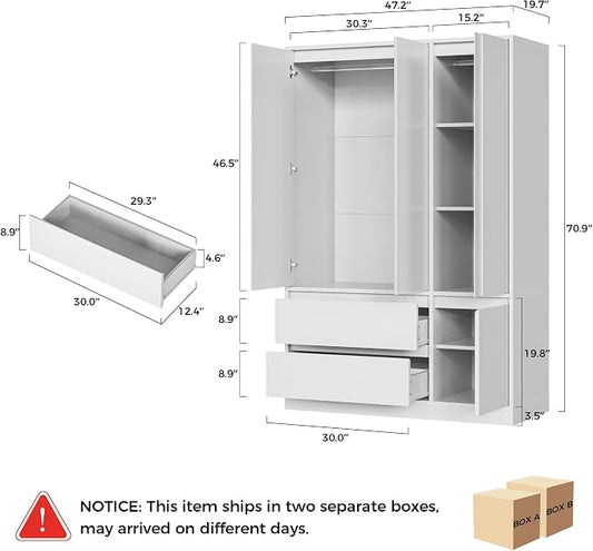 IRONCK 47.2" Armoire Wardrobe Closet with Drawers, White Armoire with Hanging Rods & DIY Adjustable Shelves, Modern Wardrobe with Soft-Close Hinges, Freestanding Closet for Bedroom
