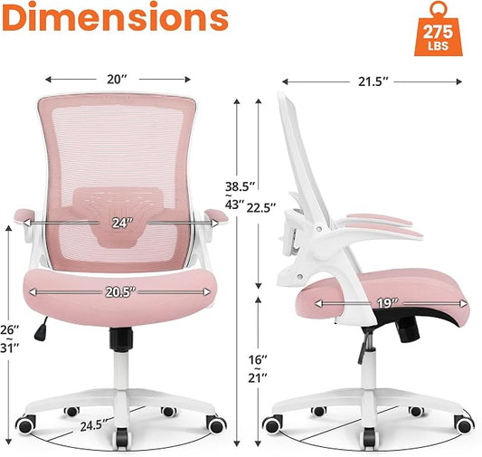 NEO Chair Office Desk Gaming Chair Computer High Back Mesh Seat with Rolling Wheels Ergonomic Adjustable Comfy Flip-up Armrests Lumbar Support Height for Home (Pink White Frame)