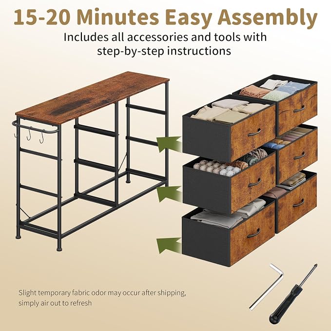 Dresser for Bedroom with 6 Drawers, Small Fabric Dresser for Kids Bedroom, Chest of Drawers, Storage Organizer Dresser for Closet, Nursery, Dorm, Apartment, TV Stand, Wood Top Side Hooks, Rustic Brown