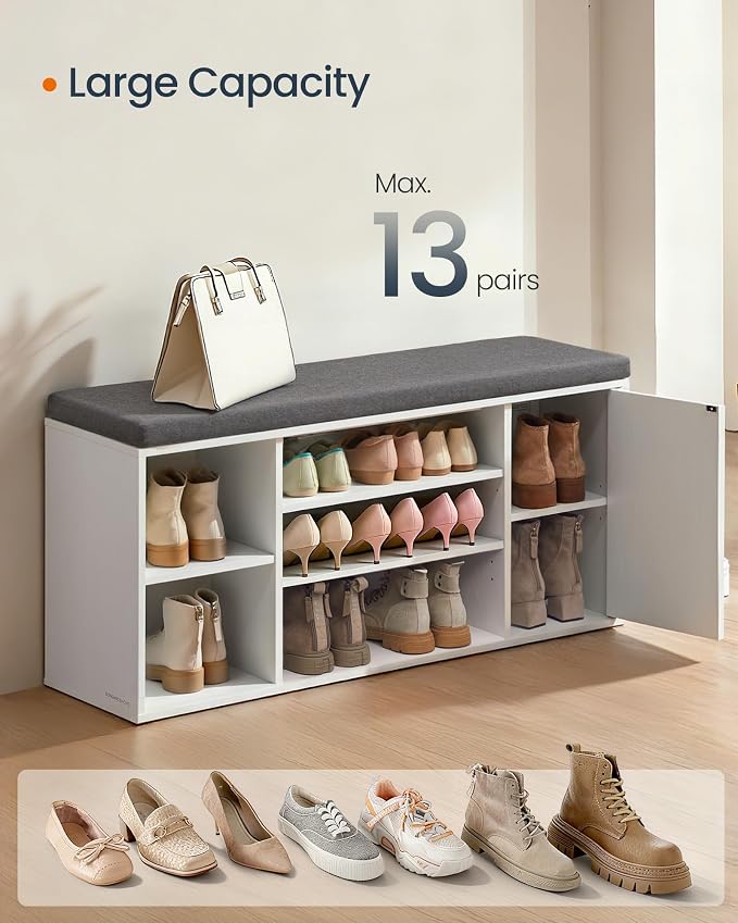 SONGMICS HOME Storage Bench, Snapsemble Superfast Assembly, 41" Wide Entryway Shoe Cubby Bench with Cushion & Adjustable Shelves, Window Shoe Rack Cabinet, Snow White and Slate Gray ULHS391WE02S