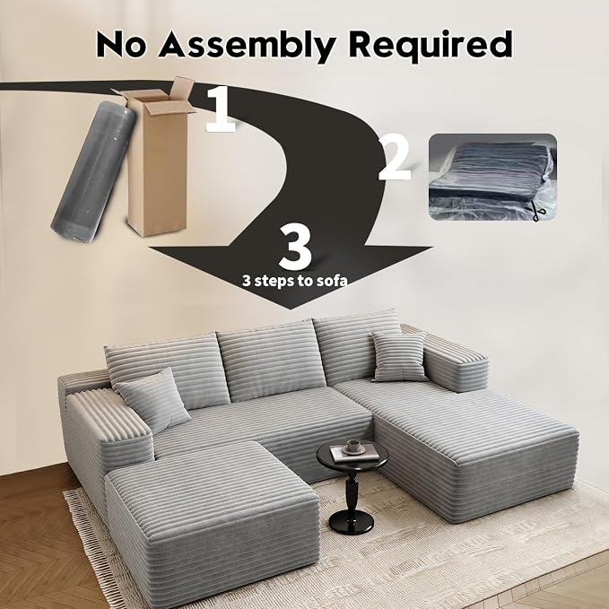 107.5" Cloud Modular Sectional Couch with 1 Ottoman,Modern Minimalist Upholstered Couches, Comfort U Shaped Sofa for Living Room,Deep Seat Corner Couch,No Assembly Required (Grey,Right Facing Chaise)