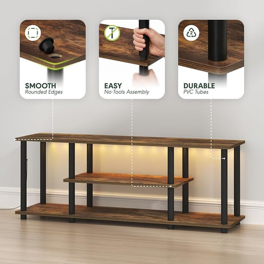 Furinno Turn-N-Tube TV Stand with LED Lights, 3-Tier No Tools 3D Entertainment Center, TV Console for TV up to 50 Inch, for Living Room, Bedroom, Amber Pine