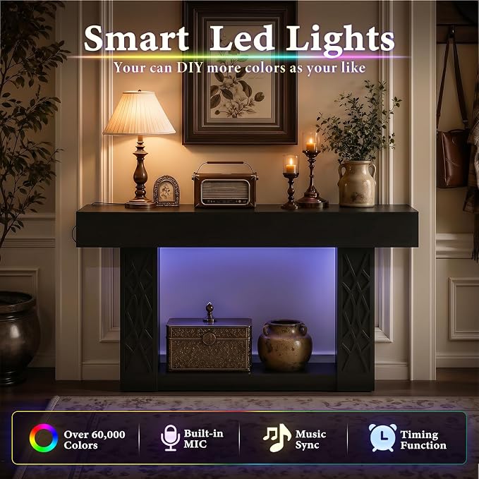 Unikito 63" Console Table with Outlets & LED Lights, Farmhouse Entryway Table with Unique Lattice Geometric Pattern, Sofa Table Behind Couch with 2-Tier Storage for Living Room, Hallway, Foyer, Black