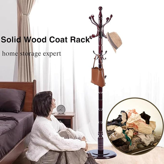 Wooden Coat Rack Freestanding, Hall Tree Hanger With Resin Hooks, Adjustable Heavy Duty Coat Rack for Hanging Clothes Bags Hats in Living Room Bedroom (coat rack, Round Base-Ruyi hook)