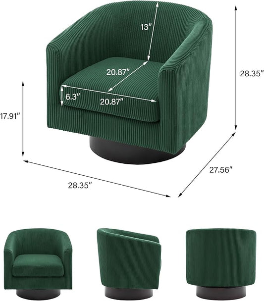 Swivel Barrel Accent Chair, Modern Round Corduroy Fabric Arm Chair for Living Room, Bedroom, Comfy Club Reading Chairs for Adults (Corduroy Dark Green, Set of 1)