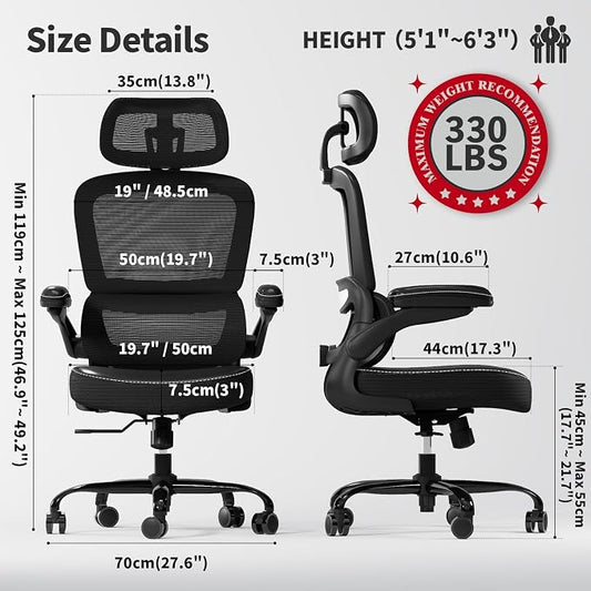 TRALT Ergonomic Office Chair - Desk Chair with Adjustable Headrest Lumbar Support Computer Chair - Mesh Comfy Chair with Flip-up Armrests - Gaming Chairs for Adults Home Office (Leather, Black)