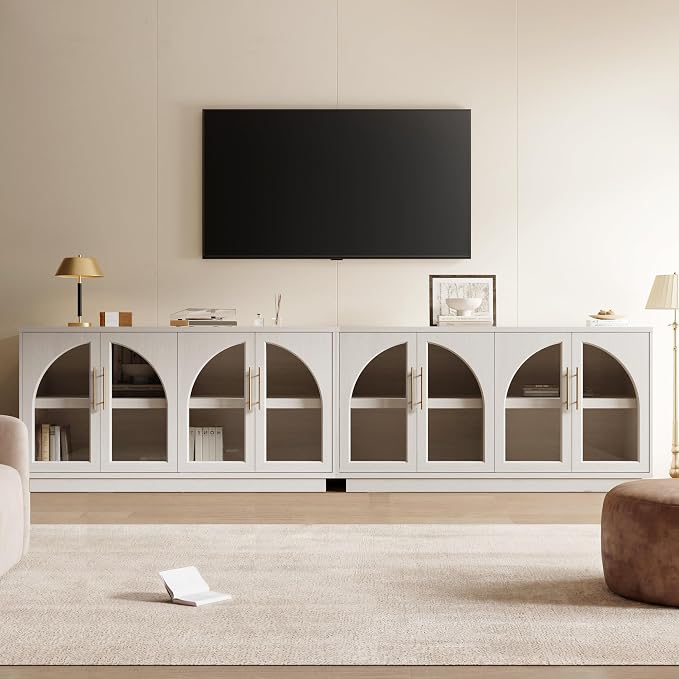 Fatmok 59" Buffet Cabinet with Glass Doors, Modern Arched Sideboard with Large Storage and Adjustable Shelves, Accent Console Credenza for Dining Room, Living Room, Entryway, White Wood Grain
