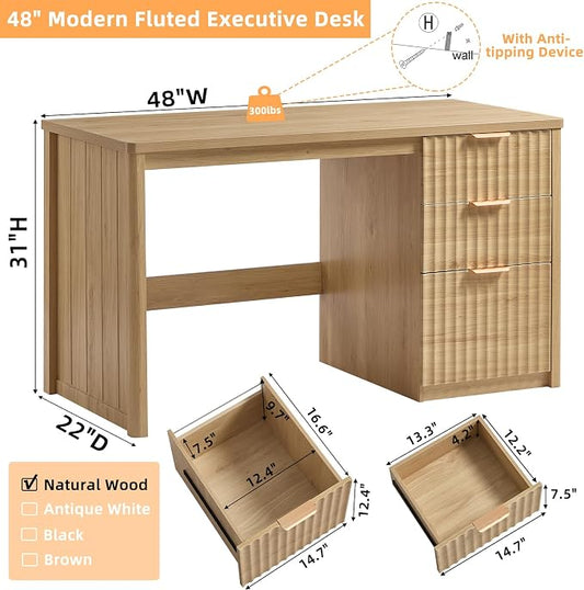 LEYAOYAO Office Desk 48" with 3 Drawers Storage File Cabinet Wood Fluted Desk for Computer Office Bedroom Home Furniture Natural