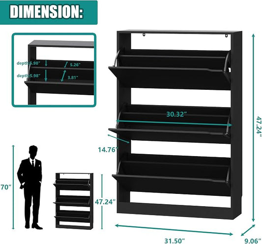 Xixini Shoe Storage Cabinet for Entryway with 3 Flip Drawers, Sturdy Wood Hidden Shoe Storage, Freestanding Narrow Slim Shoe Organizer for Front Door Entrance, Living Room, Hallway, Bedroom, Black