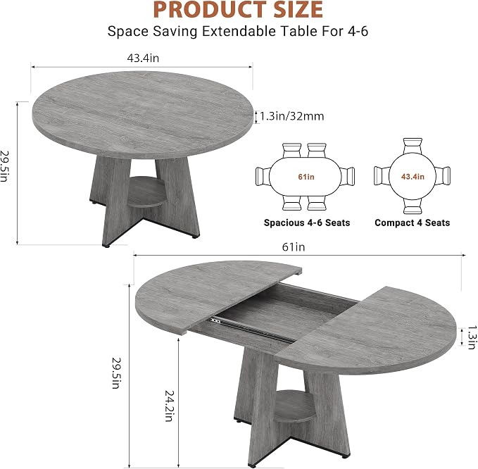 Extendable Dining Table, Round Kitchen Dining Room Dinner Table with for 4 6 8 People, Space Saving Modern Oval Expandale Furniture with Storage and Pedestal for Kitchen Living Room (Grey)