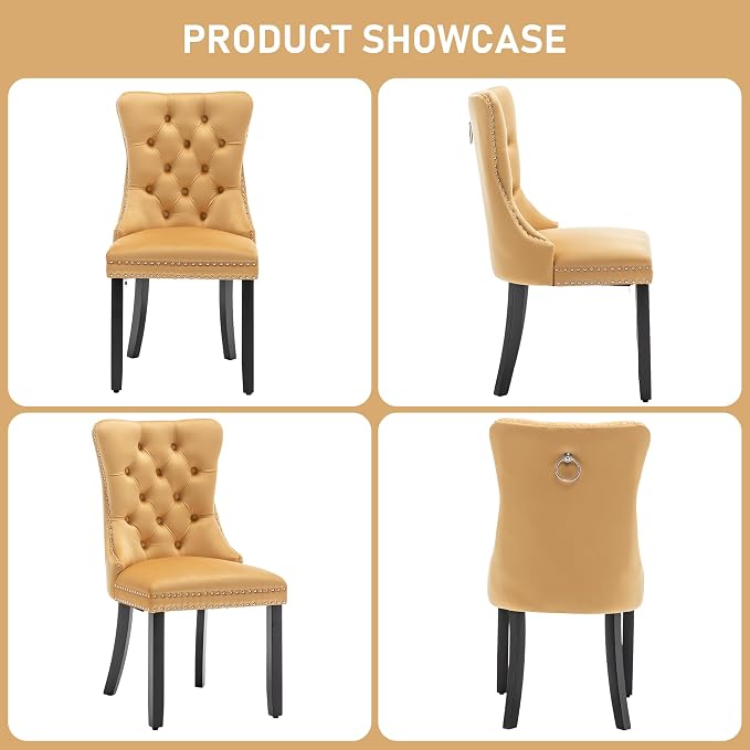 Mid Century Modern Dining Chair Set of 2 Velvet Upholstered Dining Accent Chair Farmhouse Dining Chairs with High Back and Nailhead Trim for Kitchen, Living Room, Bedroom (Gold)