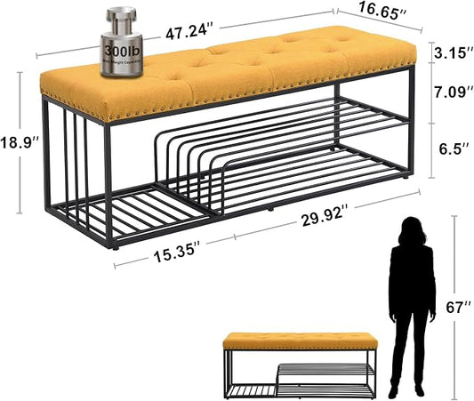 End of Bed Bench-Upholstered Entry Shoe Storage with Nailhead Trim,Black Mental Frame Ottoman Bench for Bedroom Entry Window Mudroom Living Room,Yellow