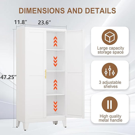 PAOFIN Metal Kitchen Pantry Storage Cabinet with 2 Doors and 3 Adjustable Shelves,Pantry Cabinet with Adjustable Leveling Foot for Kitchen, Living Room, Dining Room(White)
