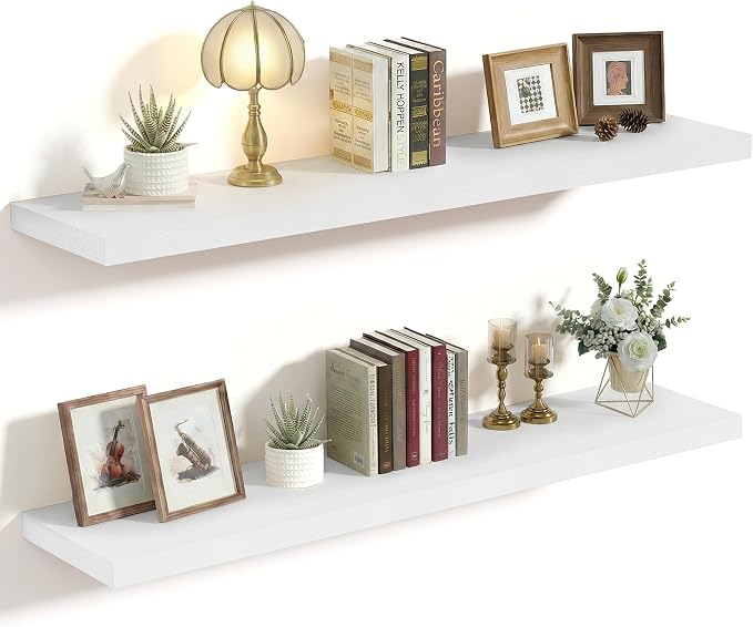 Vivelove 10 in Deep Floating Shelves for Wall, 36" x 10.2" x 1.5" Shelves for Room Wall Mounted, 1.5 Inch Thick Shelf for Bathroom Bedroom Kitchen Book Room, Modern Farmhouse Decor, Set of 2, White