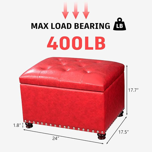 Joveco Leather Storage Ottoman, 24" Rectangle Square Bench Foot Rest Stool for Bedroom Living Room, Red