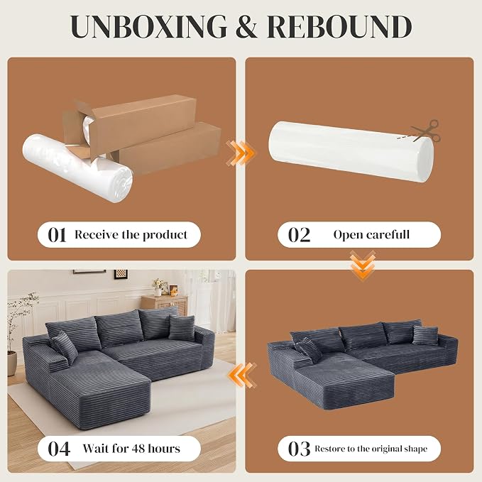108" L Shaped Cloud Boneless Sectional Couches for Living Room, Modern Comfy Modular Deep Seat Memory Foam Compressed Corduroy Sofa Oversized Left Facing Chaise, No Assembly Required, Grey