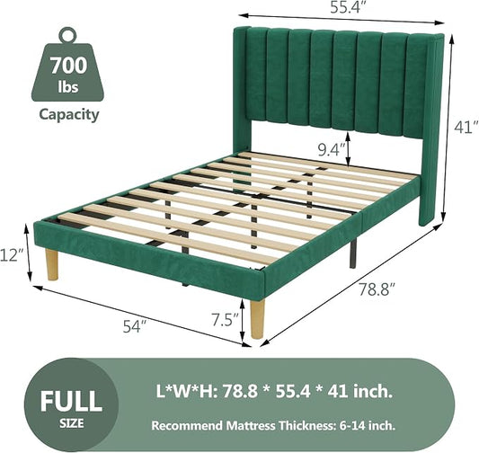 alazyhome Platform Bed Frame Full Size with Upholstered Headboard, Solid Wood Slats Support, No Box Spring Needed, Noise Free, Easy Assembly, Modern Velvet Bed, Green