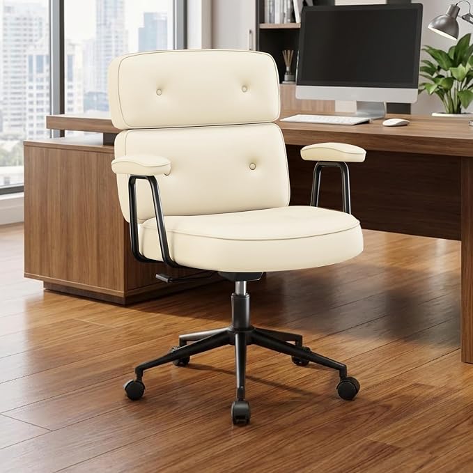 OLIXIS Ergonomic Home Office Desk Chair, PU Leather Computer Chair with Lumbar Support Adjustable Height Rolling Swivel Executive Task Armrests, Off-White