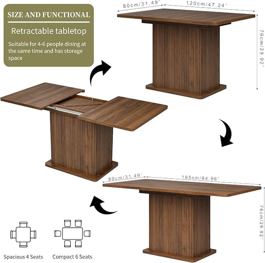 Extendable Kitchen Dining Table for 4-6, 47-65 Inch Rectangle Dining Room Table with 2 Doors, Large Storage, Mid Century Modern Dinner Furniture, Living Room, Space Saving, Square, Fluted, Walnut