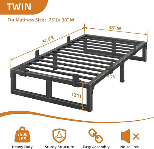Twin Bed Frames, 12 Inch Metal Platform Bed Frame with Squeak Free U-Slot Design, 6 Non-Slip Guards, 3500lbs Heavy Duty Steel Slat Support, No Box Spring Needed, Under Bed Storage, Black
